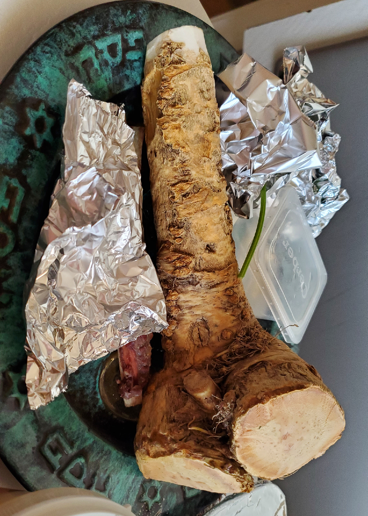 A picture of a VERY LARGE piece of horseradish lying on a Seder plate, shaped in such a way that I feel it needs an NSFW tag